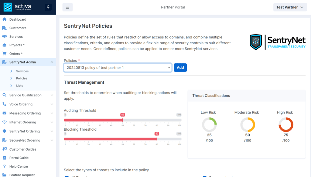 Activa Communications Partner Portal SentryNet Admin